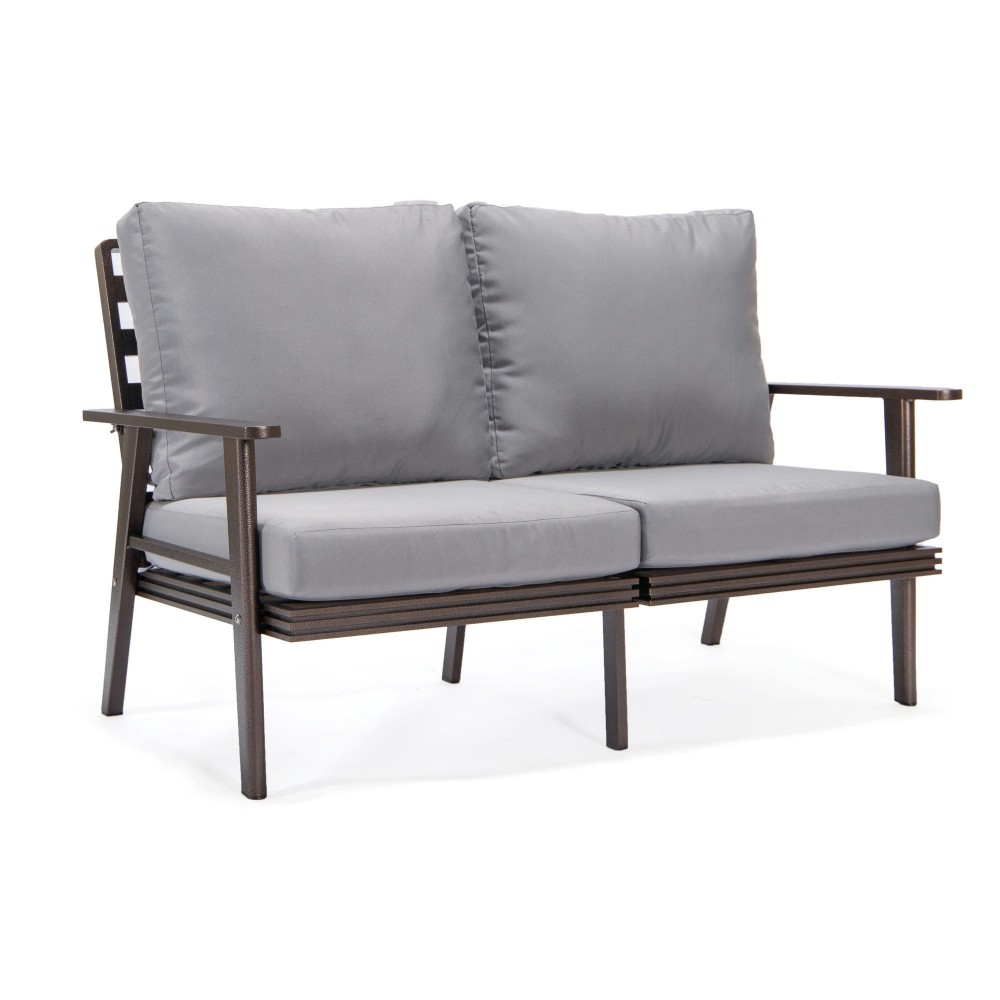 Leisuremod Walbrooke Modern Outdoor Patio Loveseat with Brown Frame, Grey