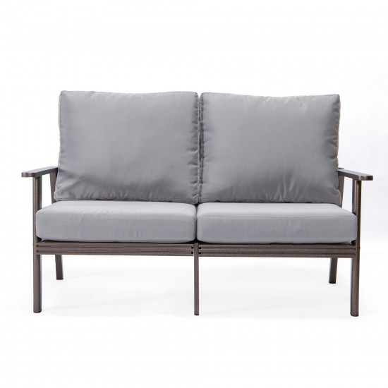 Leisuremod Walbrooke Modern Outdoor Patio Loveseat with Brown Frame, Grey