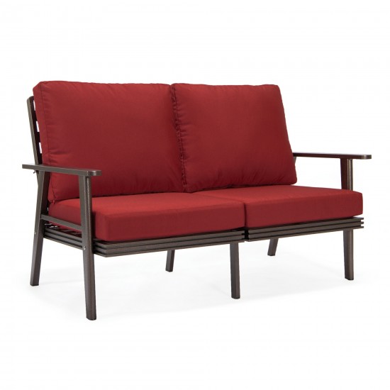 Leisuremod Walbrooke Modern Outdoor Patio Loveseat with Brown Frame, Red