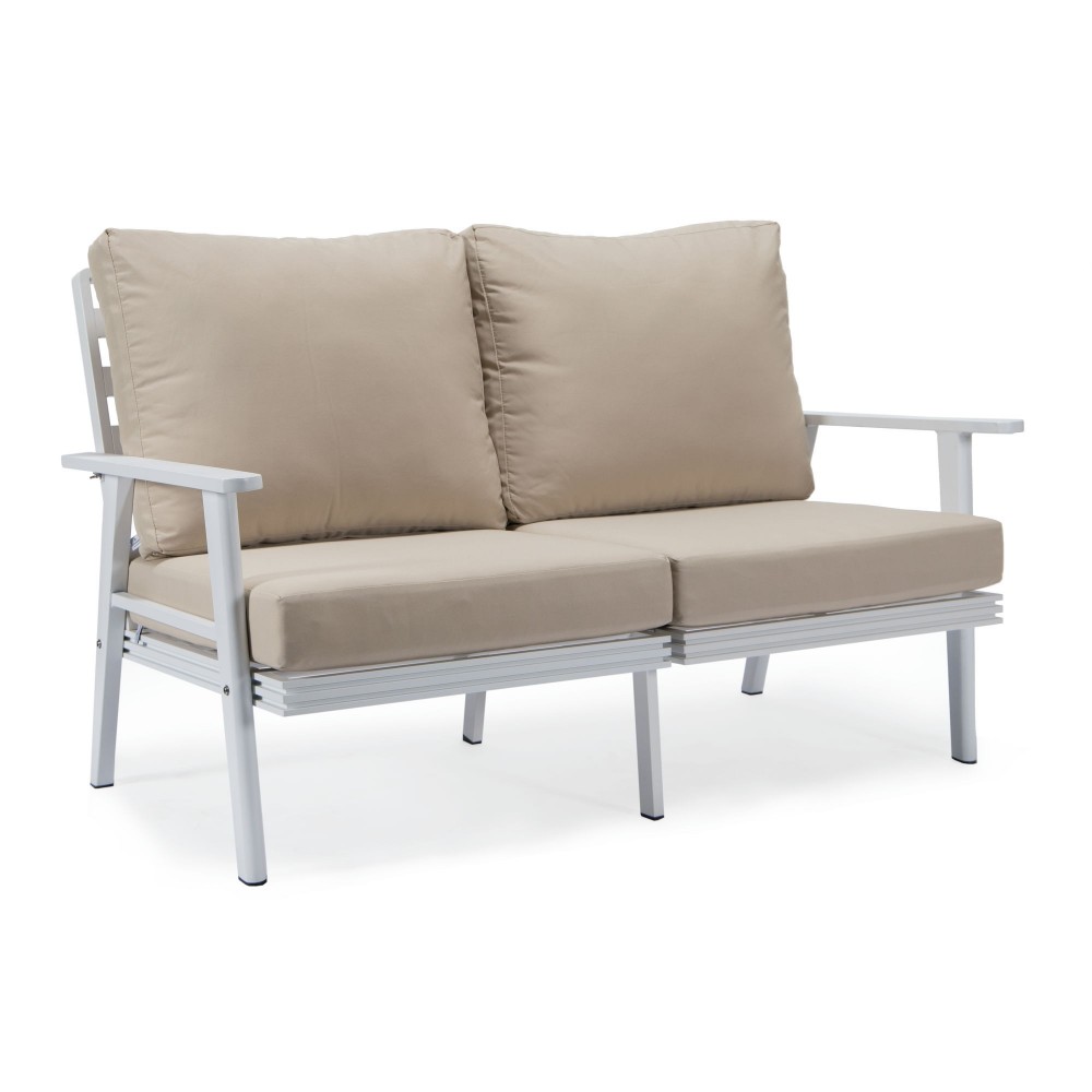 Leisuremod Walbrooke Modern Outdoor Patio Loveseat with White Frame, Beige