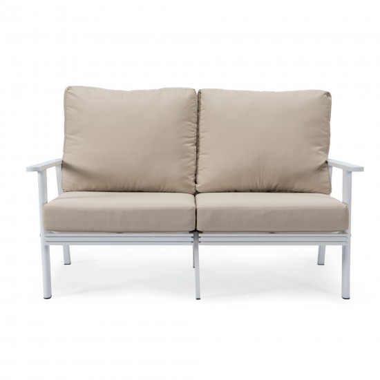 Leisuremod Walbrooke Modern Outdoor Patio Loveseat with White Frame, Beige