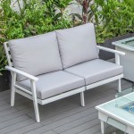 Leisuremod Walbrooke Modern Outdoor Patio Loveseat with White Frame, Light Grey