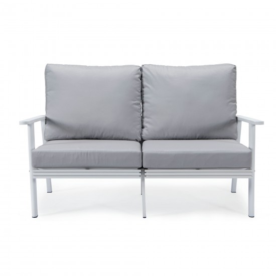 Leisuremod Walbrooke Modern Outdoor Patio Loveseat with White Frame, Light Grey