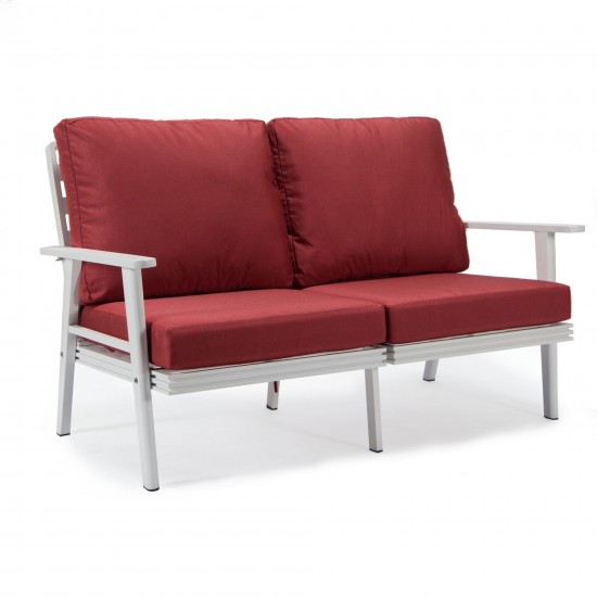 Leisuremod Walbrooke Modern Outdoor Patio Loveseat with White Frame, Red