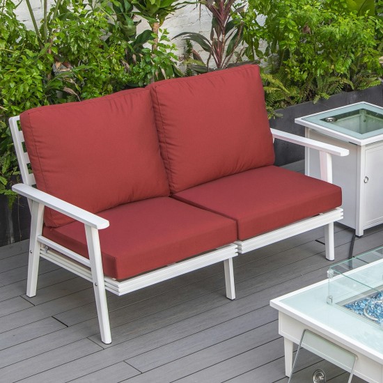 Leisuremod Walbrooke Modern Outdoor Patio Loveseat with White Frame, Red