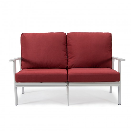 Leisuremod Walbrooke Modern Outdoor Patio Loveseat with White Frame, Red