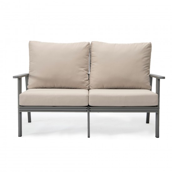 Leisuremod Walbrooke Modern Outdoor Patio Loveseat with Gray Frame, Beige