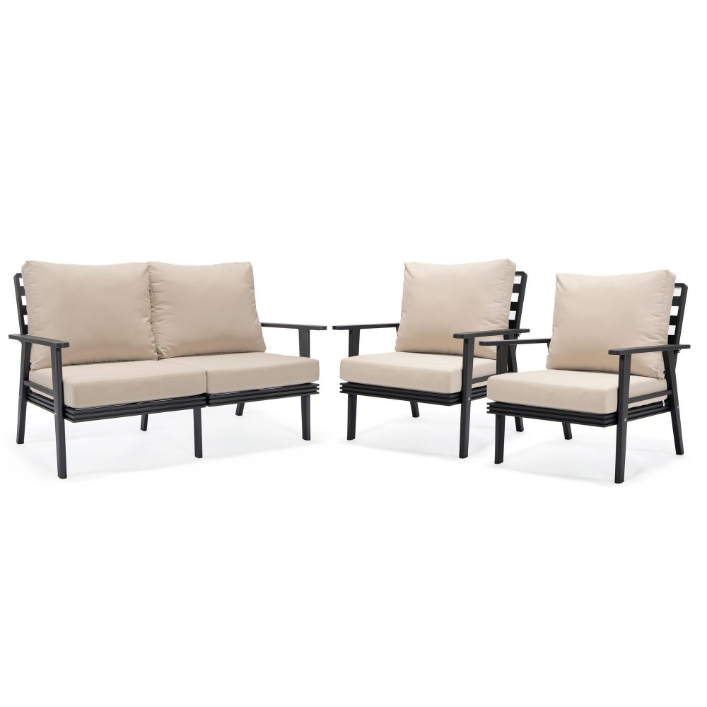 LeisureMod Walbrooke Modern 3-Piece Outdoor Patio Set with Black Frame, Beige