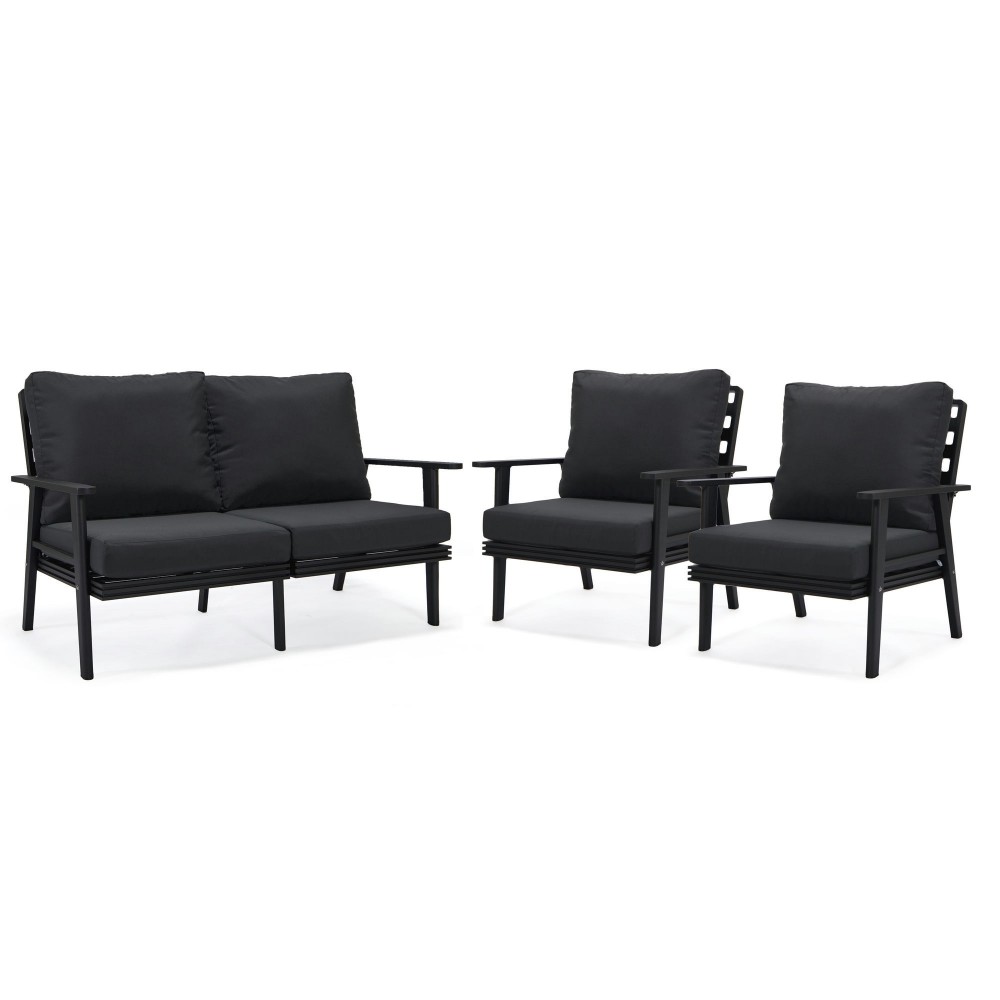 LeisureMod Walbrooke Modern 3-Piece Outdoor Patio Set with Black Frame, Charcoal