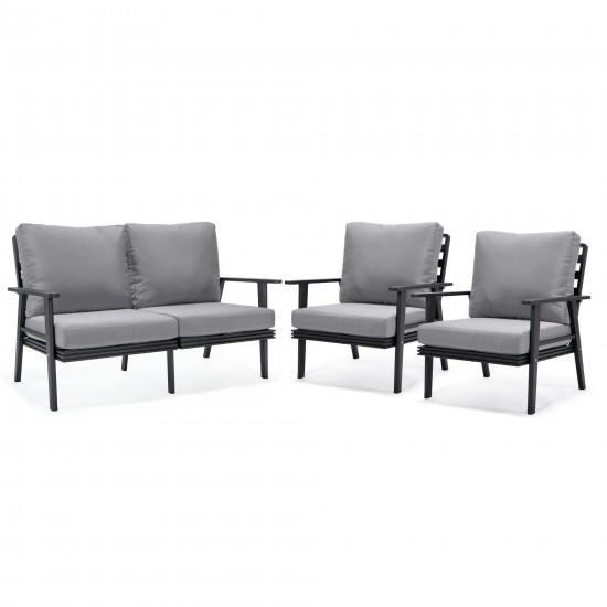 LeisureMod Walbrooke Modern 3-Piece Outdoor Patio Set with Black Frame, Grey