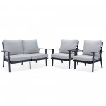 LeisureMod Walbrooke Modern 3-Piece Outdoor Patio Set, Black Frame, Light Grey