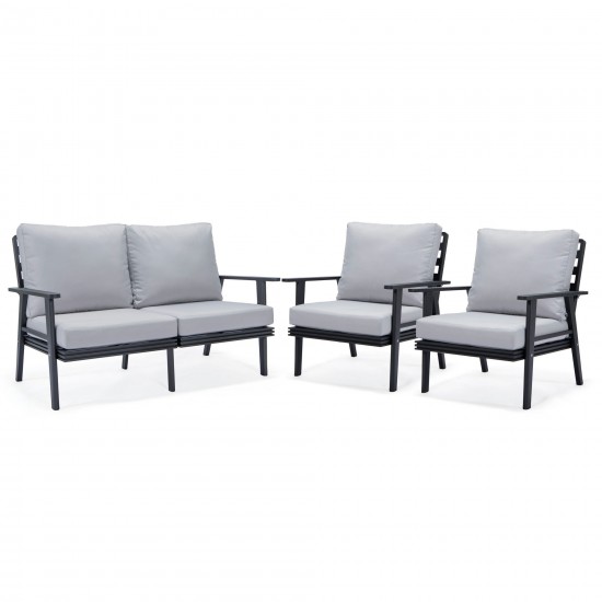 LeisureMod Walbrooke Modern 3-Piece Outdoor Patio Set, Black Frame, Light Grey