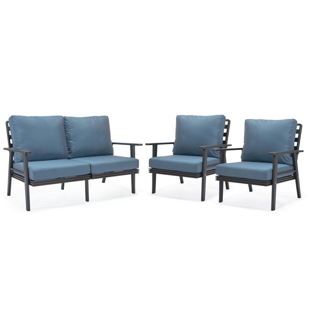 LeisureMod Walbrooke Modern 3-Piece Outdoor Patio Set with Black Frame Navy Blue