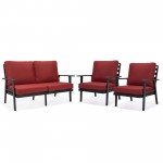 LeisureMod Walbrooke Modern 3-Piece Outdoor Patio Set with Black Frame, Red