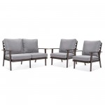 LeisureMod Walbrooke Modern 3-Piece Outdoor Patio Set with Brown Frame, Grey