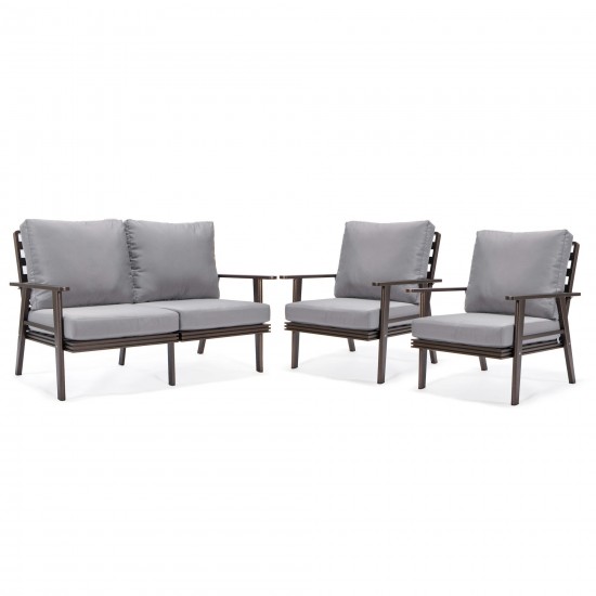 LeisureMod Walbrooke Modern 3-Piece Outdoor Patio Set with Brown Frame, Grey