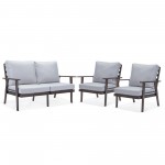 LeisureMod Walbrooke Modern 3-Piece Outdoor Patio Set, Brown Frame, Light Grey