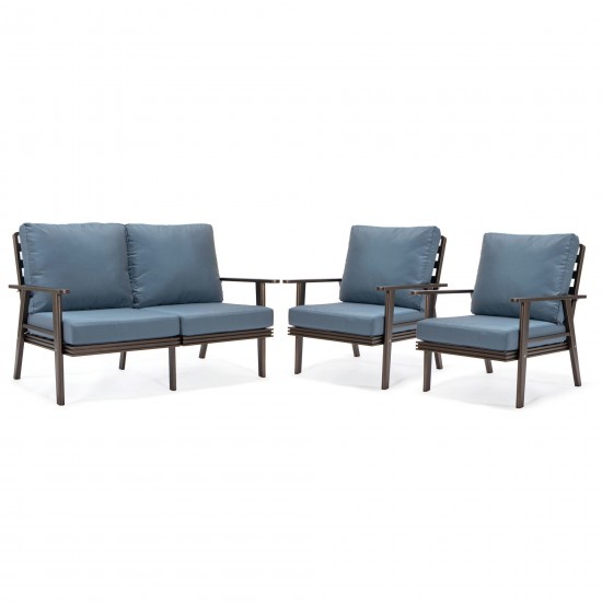 LeisureMod Walbrooke Modern 3-Piece Outdoor Patio Set with Brown Frame Navy Blue