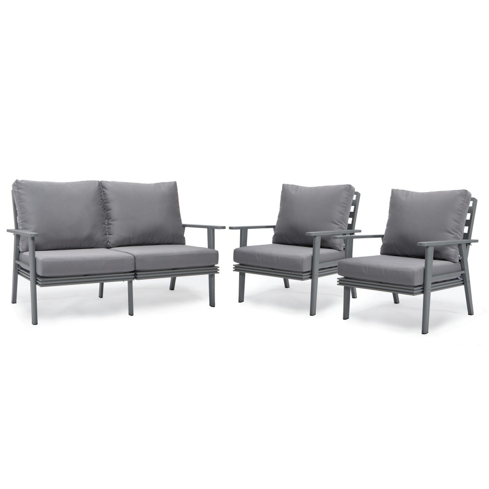 LeisureMod Walbrooke Modern 3-Piece Outdoor Patio Set with Grey Frame, Grey