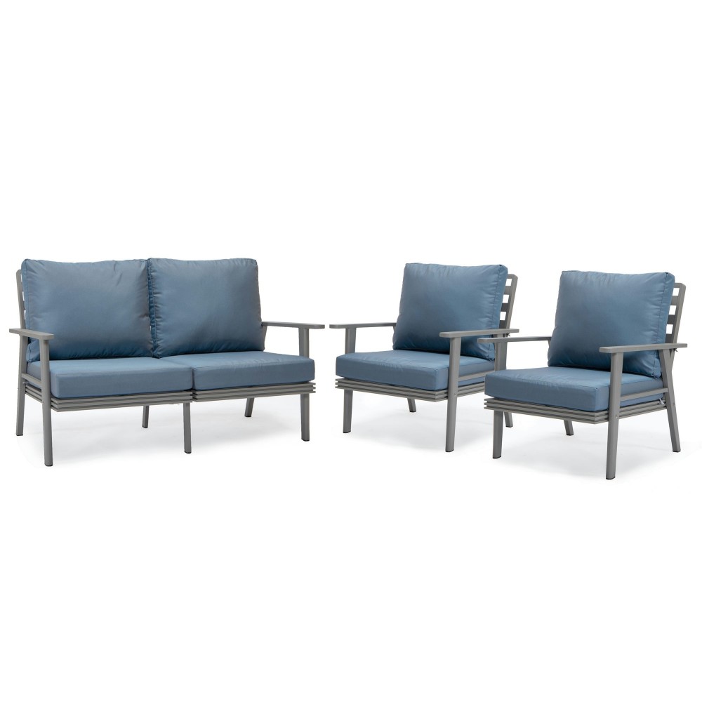 LeisureMod Walbrooke Modern 3-Piece Outdoor Patio Set with Grey Frame, Navy Blue