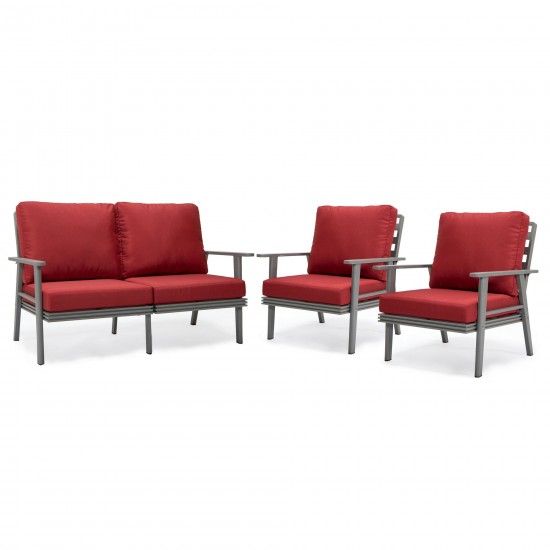 LeisureMod Walbrooke Modern 3-Piece Outdoor Patio Set with Grey Frame, Red