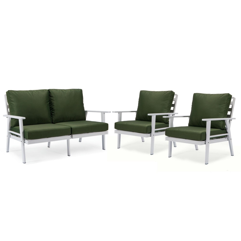 LeisureMod Walbrooke Modern 3-Piece Outdoor Patio Set with White Frame, Green