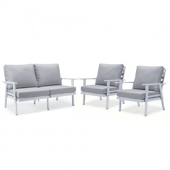 LeisureMod Walbrooke Modern 3-Piece Outdoor Patio Set, White Frame, Light Grey