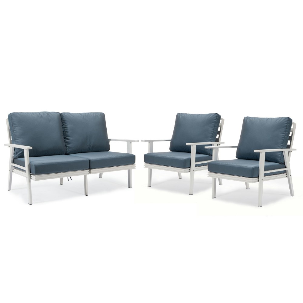 LeisureMod Walbrooke Modern 3-Piece Outdoor Patio Set with White Frame Navy Blue