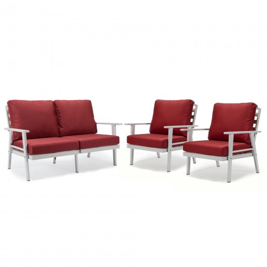 LeisureMod Walbrooke Modern 3-Piece Outdoor Patio Set with White Frame, Red