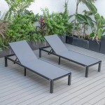 LeisureMod Marlin Patio Chaise Lounge Chair With Black Frame Set of 2, Dark Grey