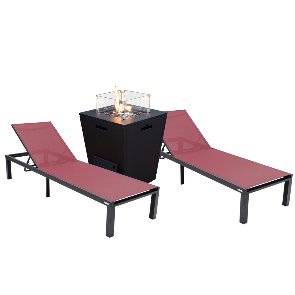 LeisureMod Marlin Outdoor Lounge Chair Set of 2 with Fire Pit, MLBLCF21-77BRG2