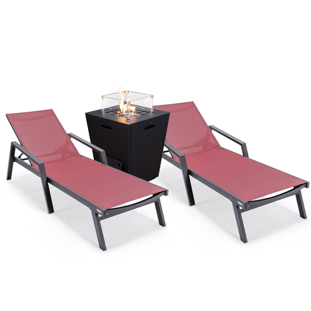 LeisureMod Marlin Outdoor Lounge Chair Set of 2 with Fire Pit, MLABLCF21-77BRG2