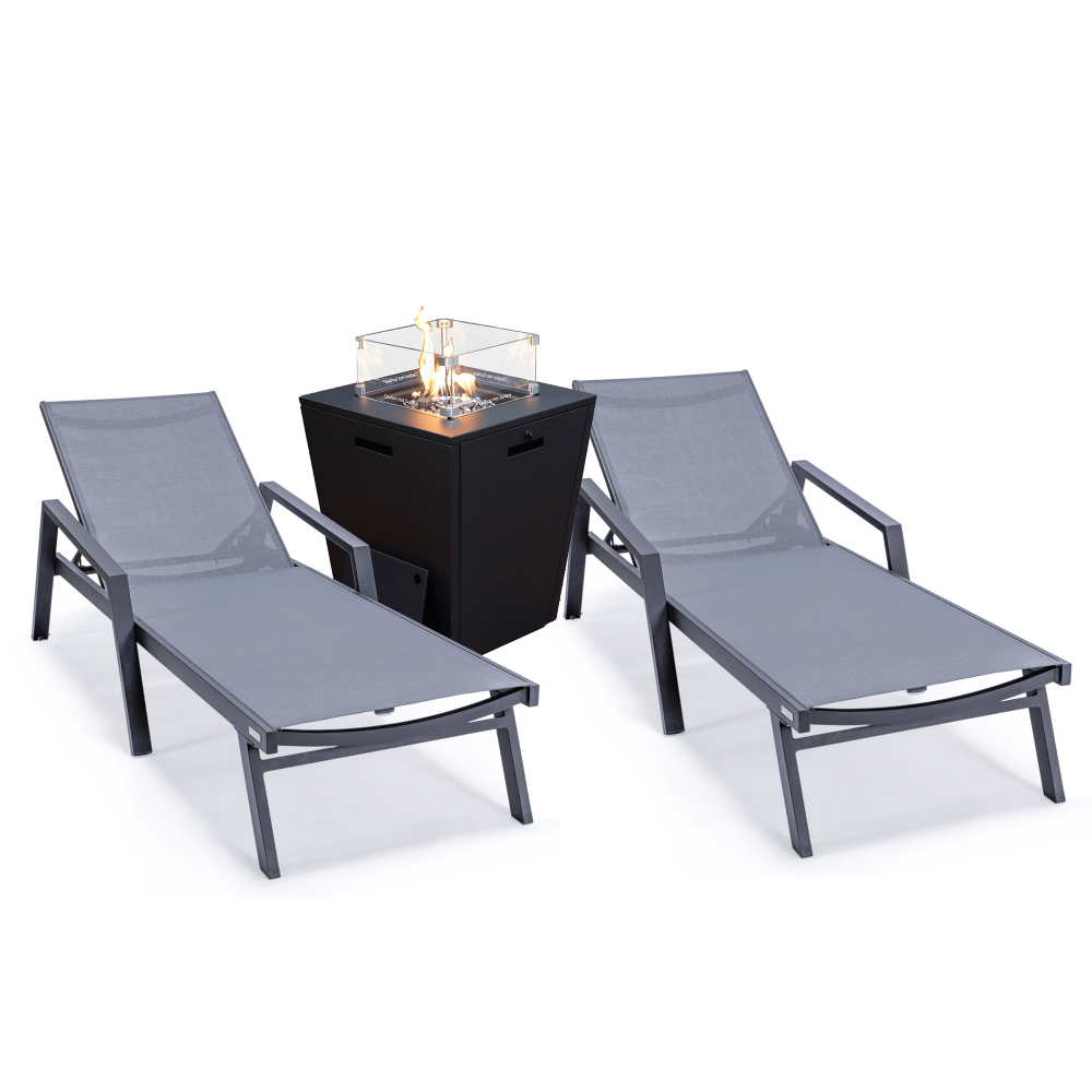 LeisureMod Marlin Outdoor Lounge Chair Set of 2 with Fire Pit, MLABLCF21-77DGR2