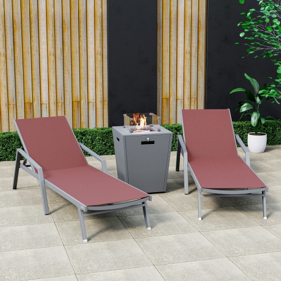 LeisureMod Marlin Outdoor Lounge Chair Set of 2 with Fire Pit, MLAGRCF21-77BRG2