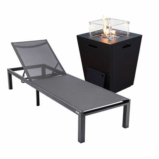 LeisureMod Marlin Black Aluminum Outdoor Lounge Chair with Fire Pit, Black