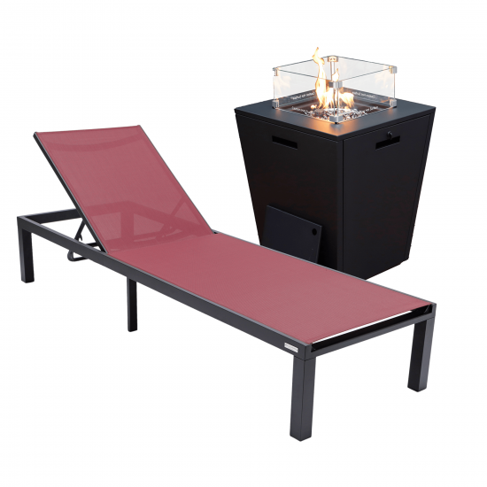 LeisureMod Marlin Black Aluminum Outdoor Lounge Chair with Fire Pit, Burgundy