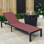 LeisureMod Marlin Black Aluminum Outdoor Lounge Chair with Fire Pit, Burgundy