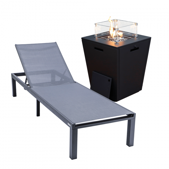 LeisureMod Marlin Black Aluminum Outdoor Lounge Chair with Fire Pit, Dark Grey