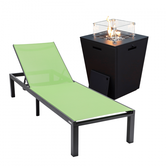 LeisureMod Marlin Black Aluminum Outdoor Lounge Chair with Fire Pit, Green