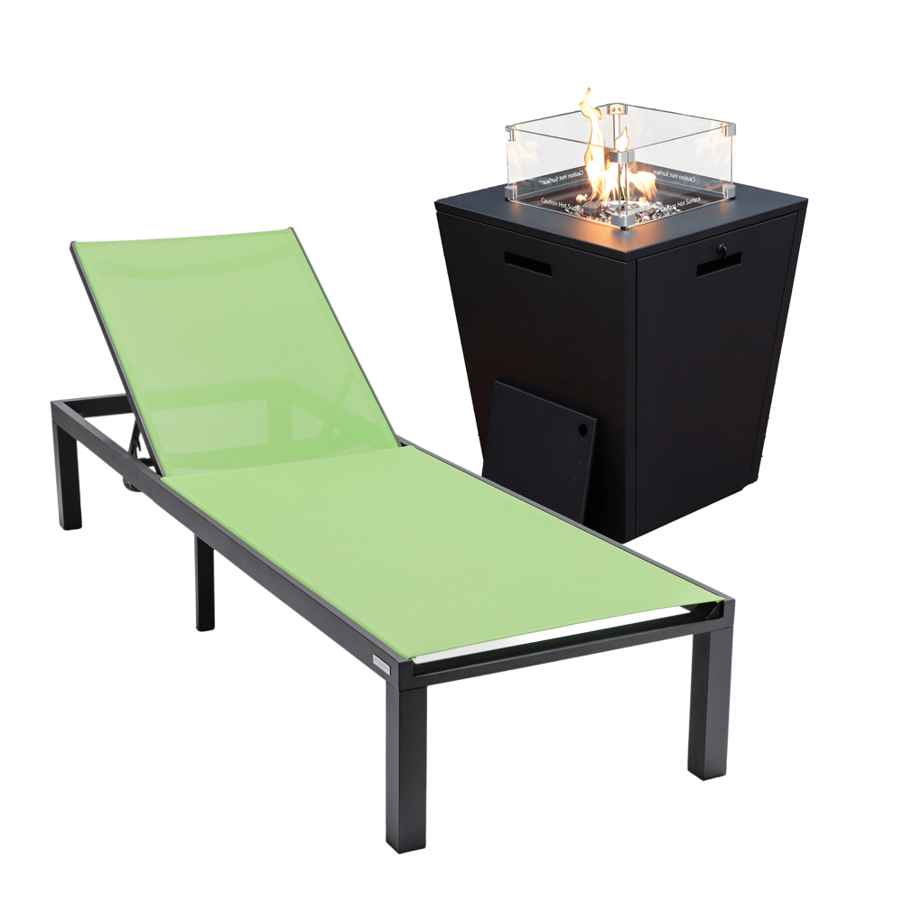 LeisureMod Marlin Black Aluminum Outdoor Lounge Chair with Fire Pit, Green