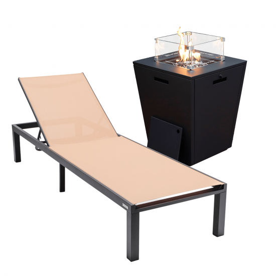 LeisureMod Marlin Black Aluminum Outdoor Lounge Chair with Fire Pit, Light Brown