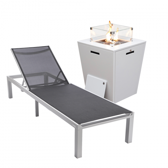 LeisureMod Marlin White Aluminum Outdoor Lounge Chair with Fire Pit, Black