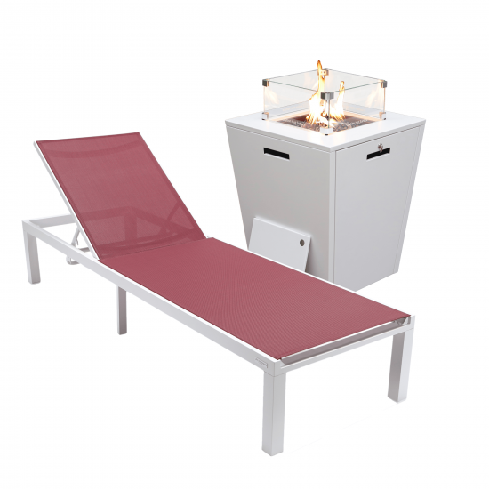 LeisureMod Marlin White Aluminum Outdoor Lounge Chair with Fire Pit, Burgundy