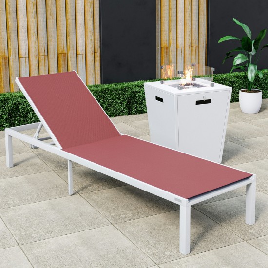 LeisureMod Marlin White Aluminum Outdoor Lounge Chair with Fire Pit, Burgundy