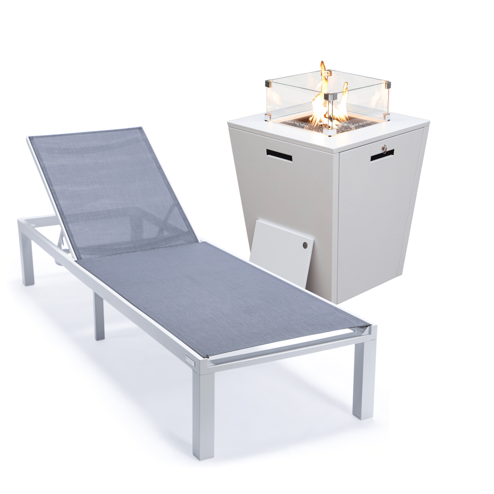 LeisureMod Marlin White Aluminum Outdoor Lounge Chair with Fire Pit, Dark Grey