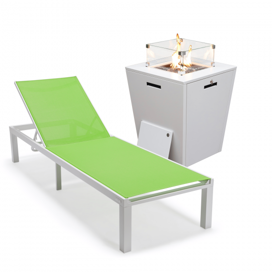 LeisureMod Marlin White Aluminum Outdoor Lounge Chair with Fire Pit, Green