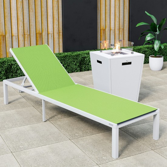 LeisureMod Marlin White Aluminum Outdoor Lounge Chair with Fire Pit, Green