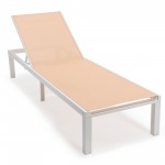 LeisureMod Marlin White Aluminum Outdoor Lounge Chair with Fire Pit, Light Brown