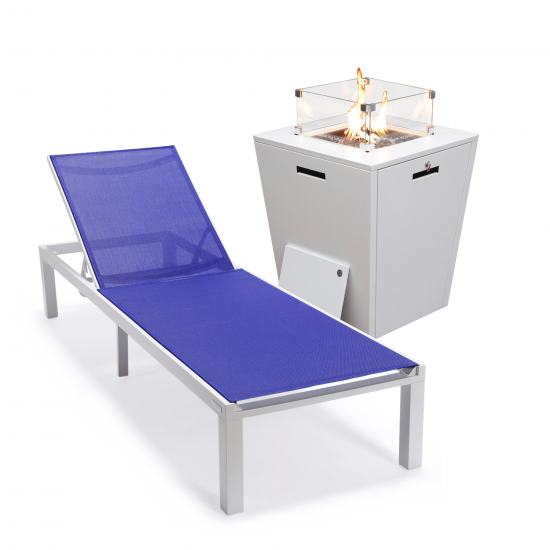 LeisureMod Marlin White Aluminum Outdoor Lounge Chair with Fire Pit, Navy Blue