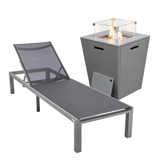 LeisureMod Marlin Grey Aluminum Outdoor Lounge Chair with Fire Pit, Black